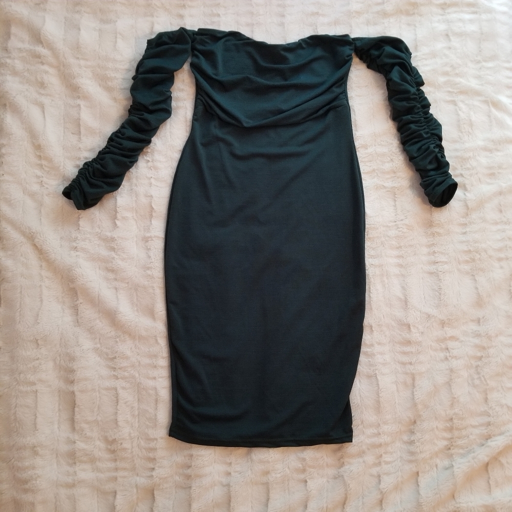NEW PLT Off Shoulder Bodycon Dress Ruched Sleeves